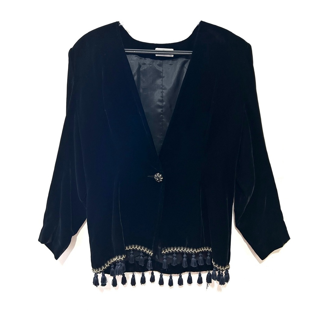Vintage 90s Velvet Tassel Fringe Jacket Black Gold Trim One Button Raffinati M/L